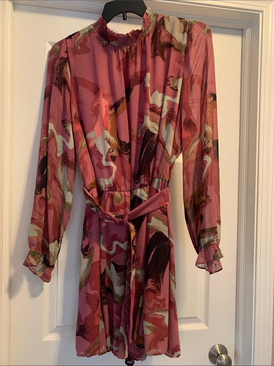 Nine West Dresses & Skirts - Nine West Pink Marble-Print Long Sleeve Romper with Tie Waist